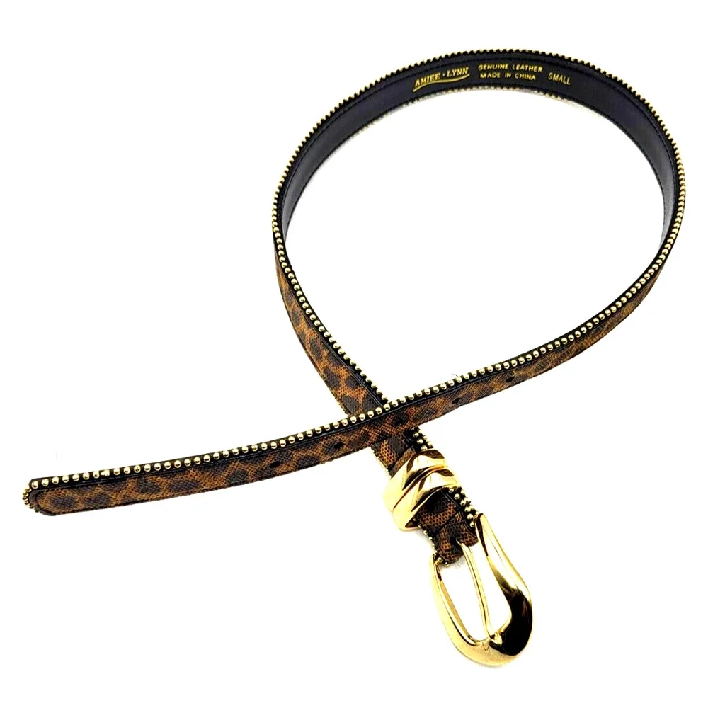 Amiee Lynn Leopard Print Leather Belt Gold Studded with Gold Buckle Size Small
